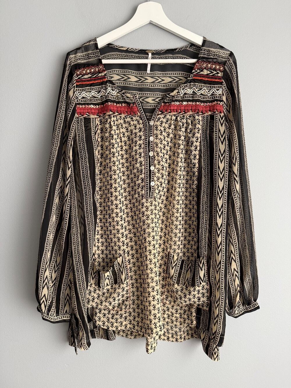 Free People Women's S Black Tribal Print Beaded Boho Tunic Top Long Sleeve